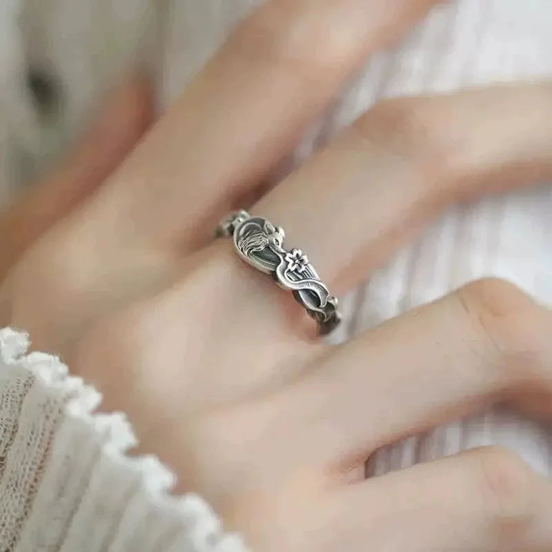 Retro Nine-Tailed Fox Open Ring – Chinese Cherry Blossom Style Fashion Cocktail Ring Babs