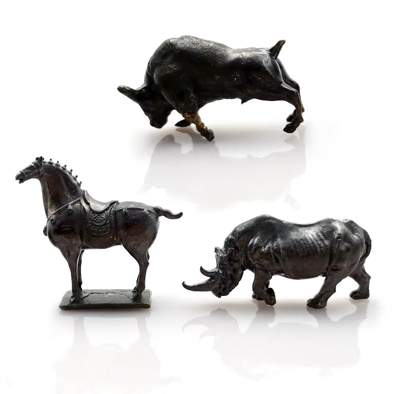 Vintage Copper Animal Figurines – Horse, Rhino & Bull Statues Decorative Figurine Babs