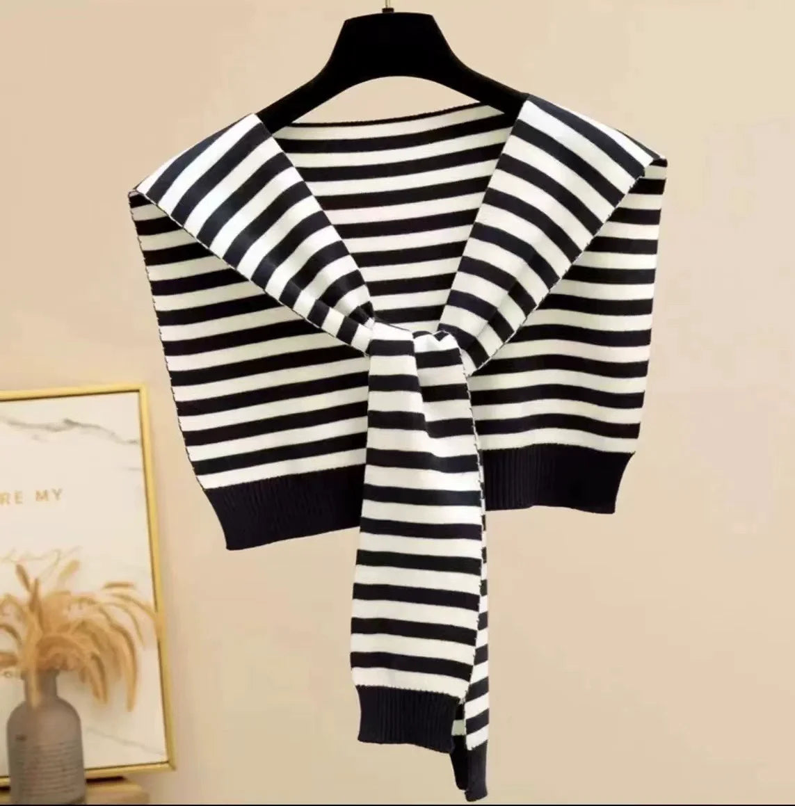 Korean Striped Knit Shawl Cape Scarf – Fake Collar, Unisex Knit Shawl Cape Babs Black B 1PC