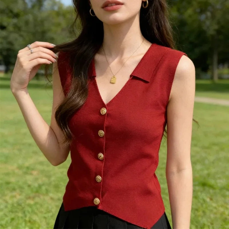 Women's V-Neck Gold Buckle Knit Vest – Slim Fit Summer Top Knit Vest Top Babs