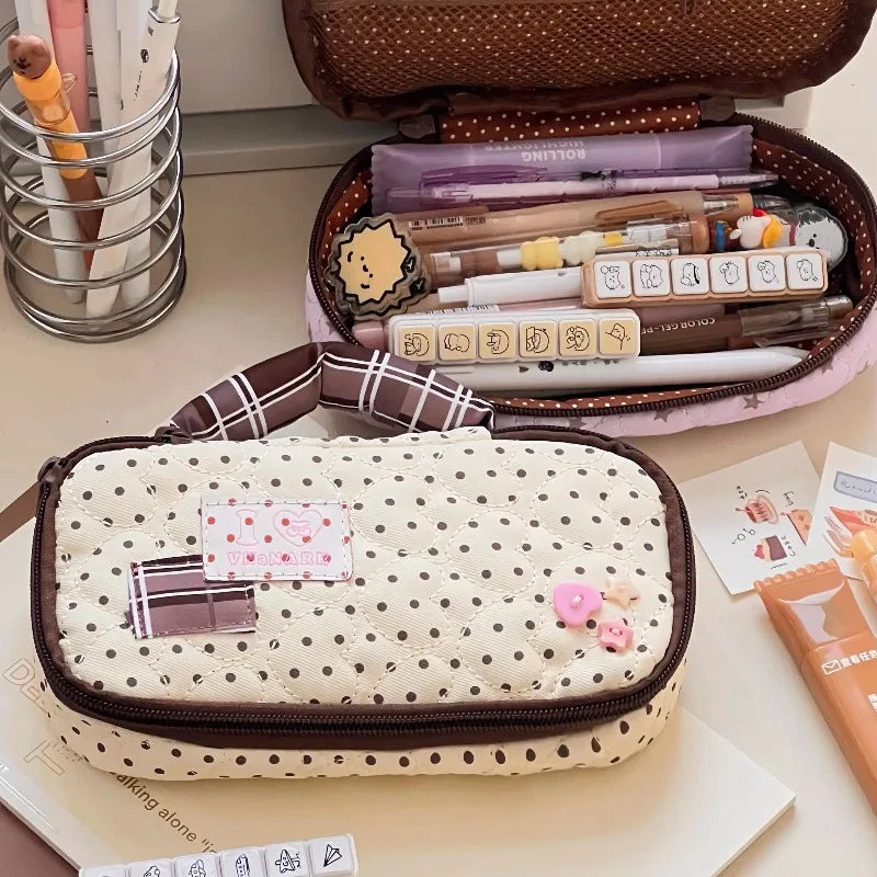 Korean Retro Polka Dot Pencil Case – Large Capacity Pen Bag Pencil Case Babs