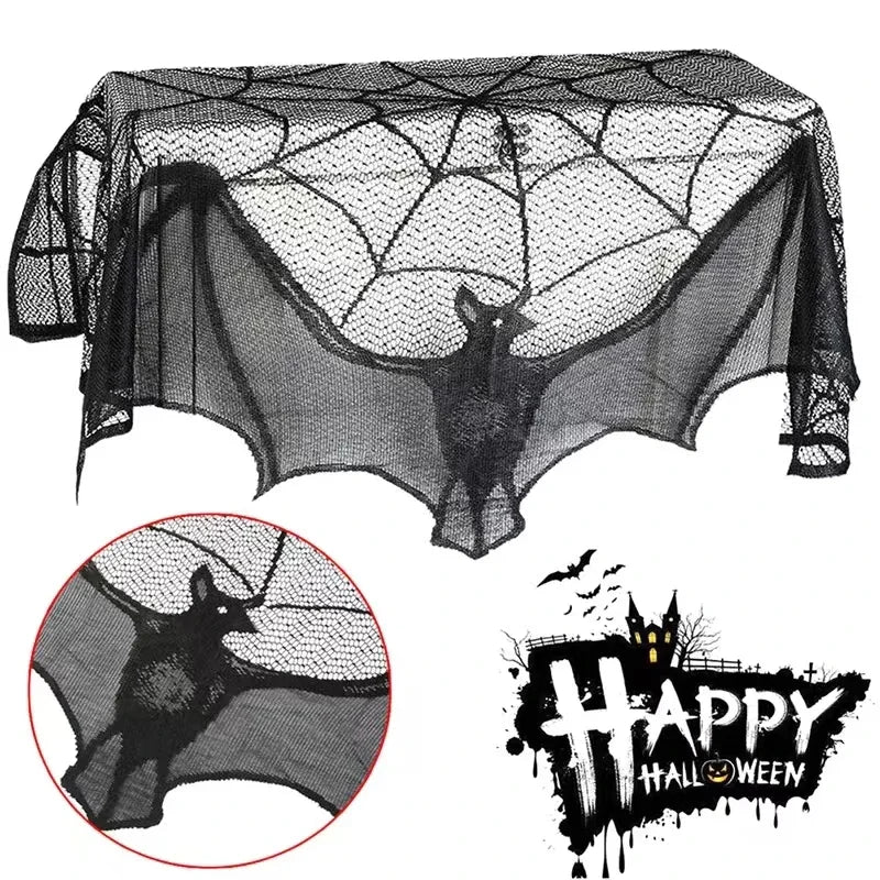Halloween Black Lace Bat Spider Curtain Tablecloth Fireplace Scarf Halloween Lace Décor Babs 93x57cm