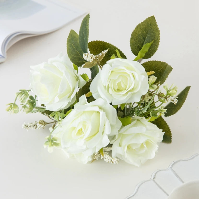 Silk Rose Artificial Bouquet – Wedding & Home Décor Gift Artificial Flower Bouquet Babs WHITE 1 pc