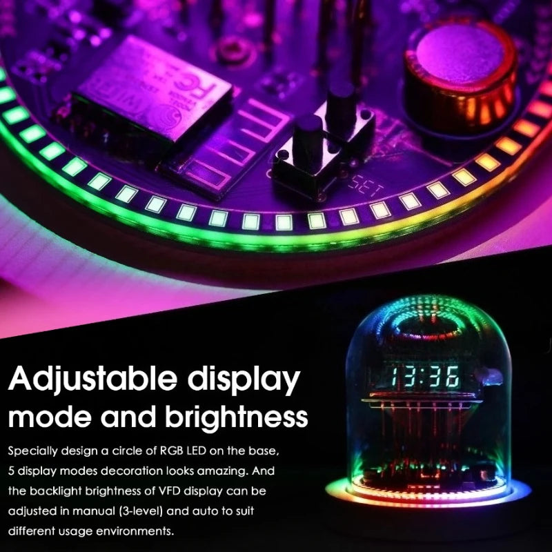 Retro Nixie Tube VFD Desk Clock – WiFi Sync, RGB LED, Wood &amp; Glass Nixie Tube Desk Clock Babs