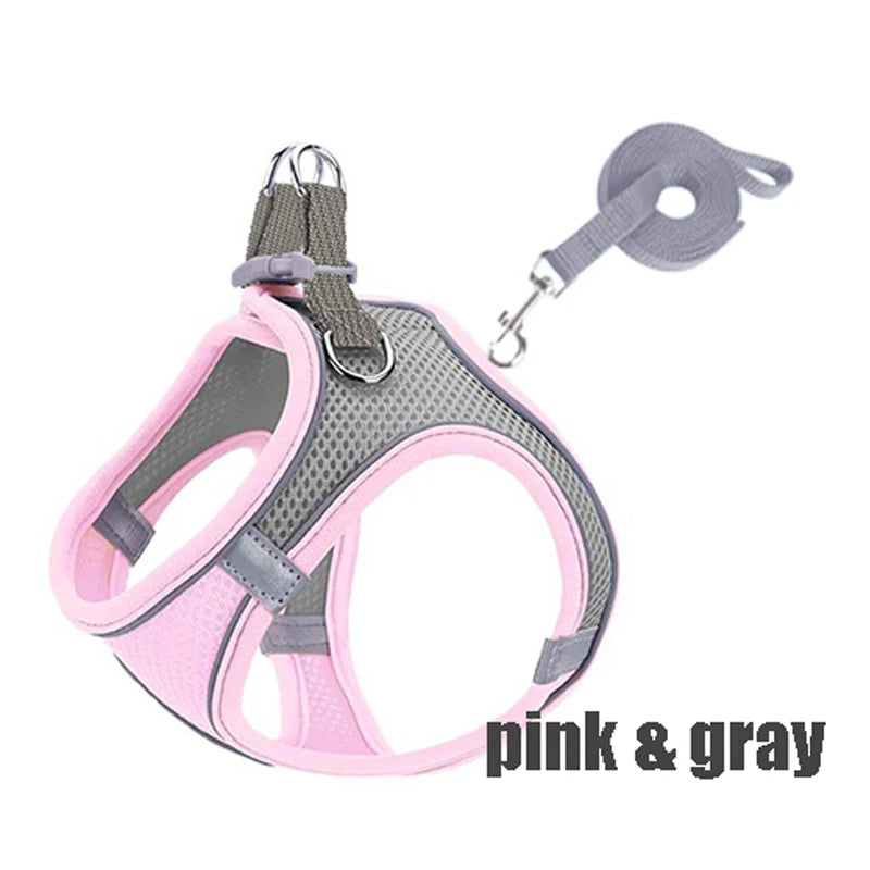 Reflective Dog Harness Vest with Leash | XXXS–L All Breeds Dog Harness Vest Babs pink gray XXS