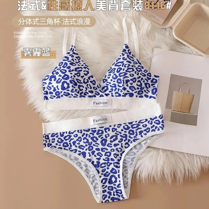 Women's Leopard Print Wire-Free Bra & Brief Set | Seamless Bra & Brief Set Babs Blue One Size
