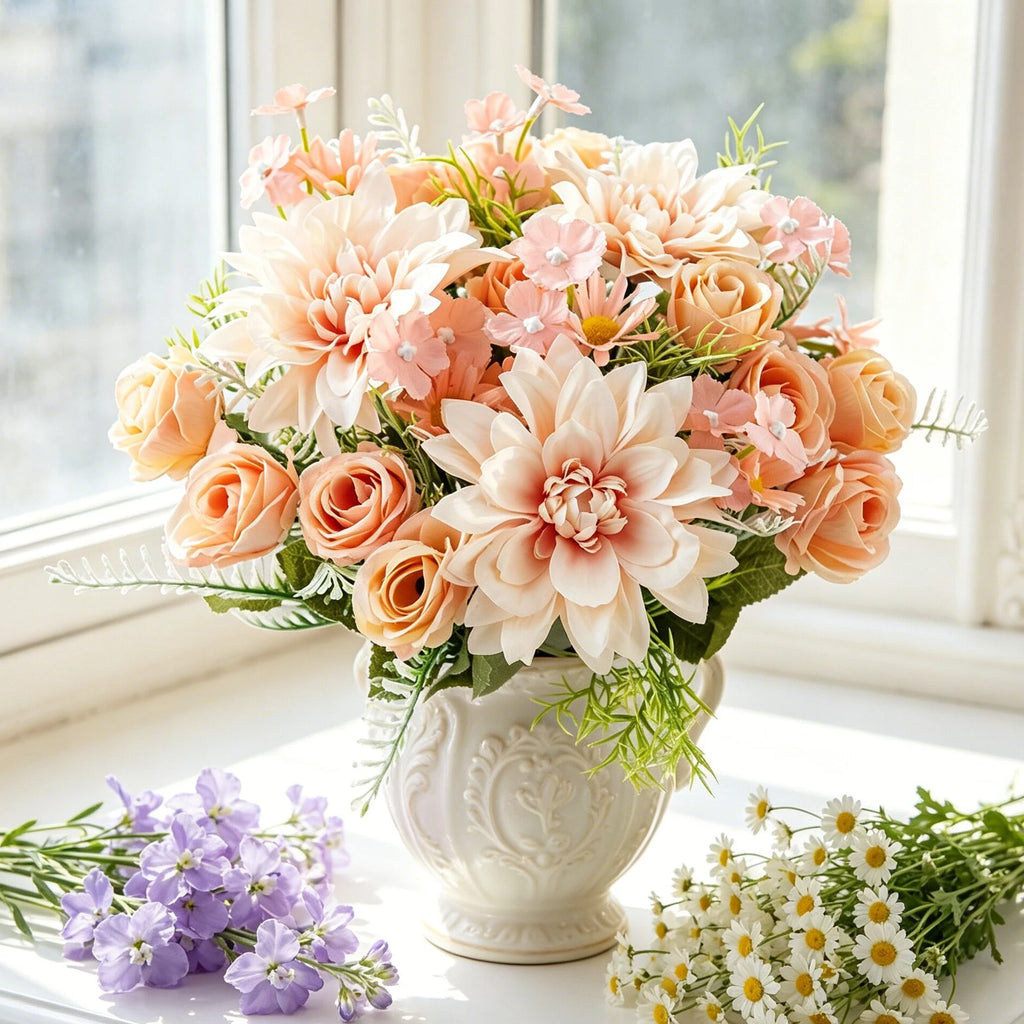 Silk Dahlia Rose Artificial Flower Bouquet – Wedding & Home Artificial Flower Bouquet Babs