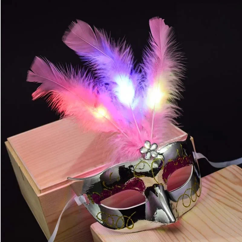 10pc Light-Up Feather Venetian Masquerade Masks for Women Masquerade Mask Set Babs