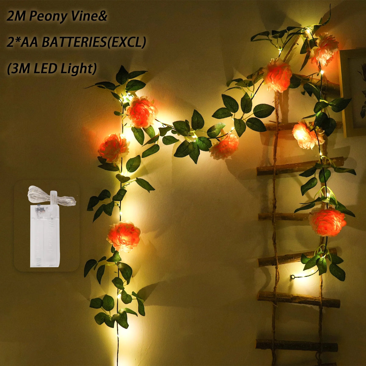 Peony Vine LED Wreath – Silk Artificial Flower Wall & Wedding Décor Artificial Flower Garland Babs Pink 2 1PC