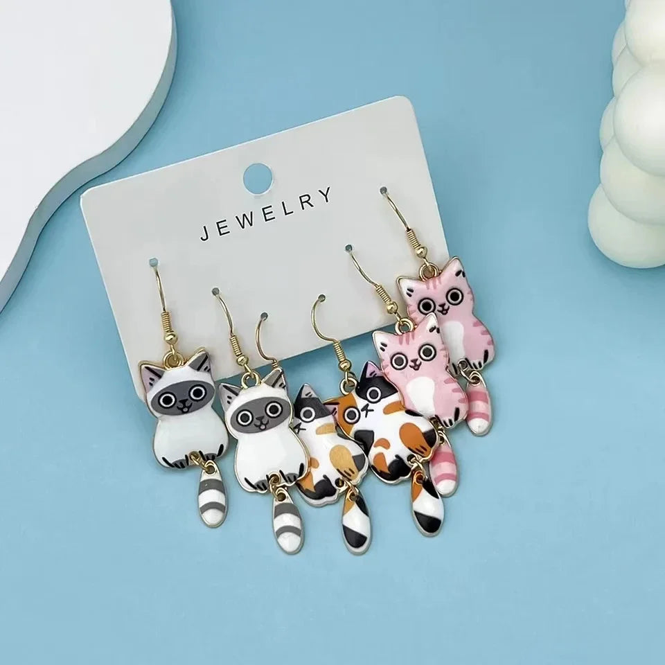 Cute Cat Dangle Earrings Set – 3 Pairs Enamel Gold Alloy Dangle Earrings Set Babs