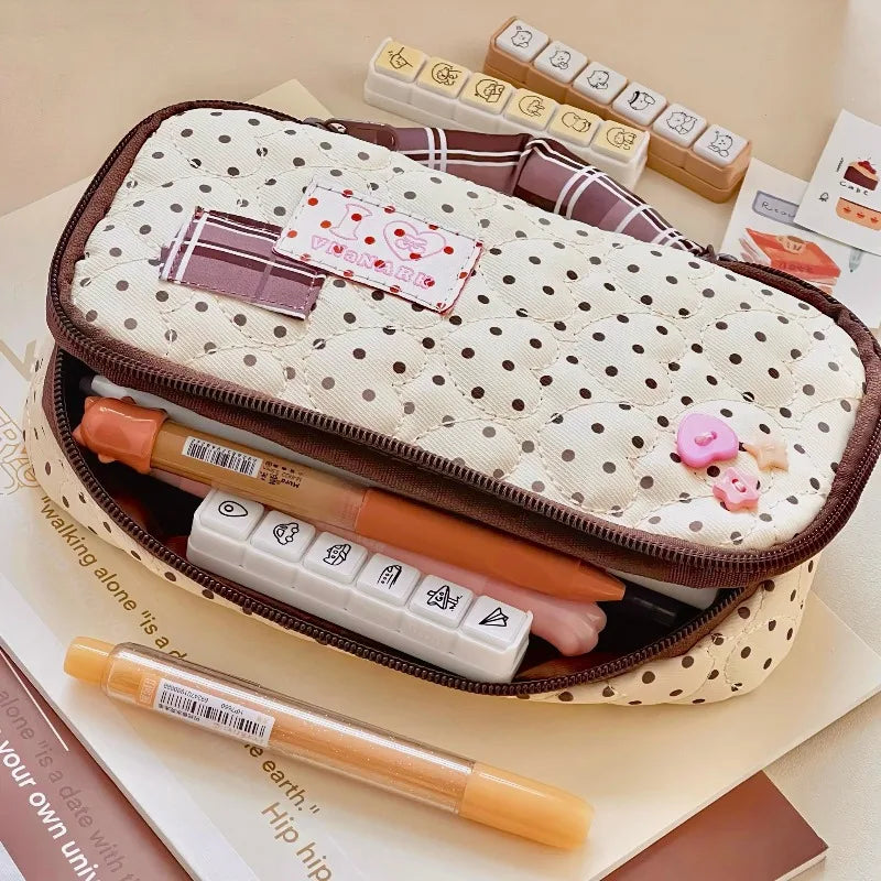 Korean Retro Polka Dot Pencil Case – Large Capacity Pen Bag Pencil Case Babs