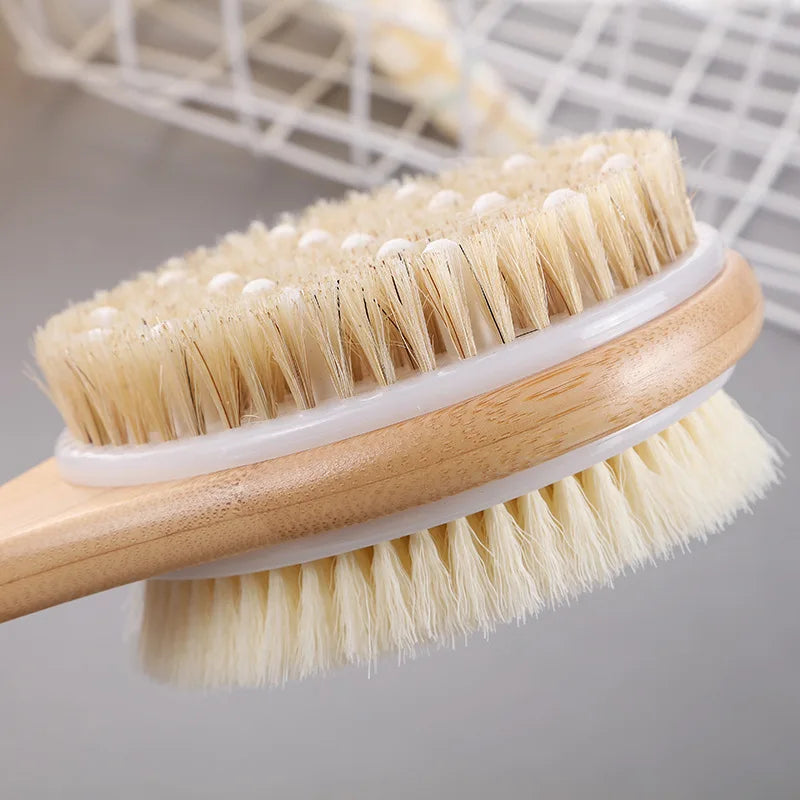 Natural Bristle Long Handle Body Brush – Exfoliating Bath Scrub Body Bath Brush Babs