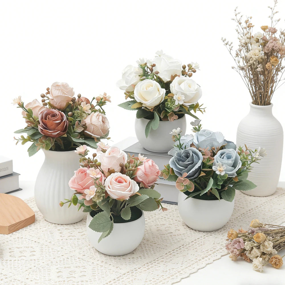 Silk Rose Artificial Flower Bonsai with Vase – Wedding & Home Décor Artificial Flower Bonsai Babs