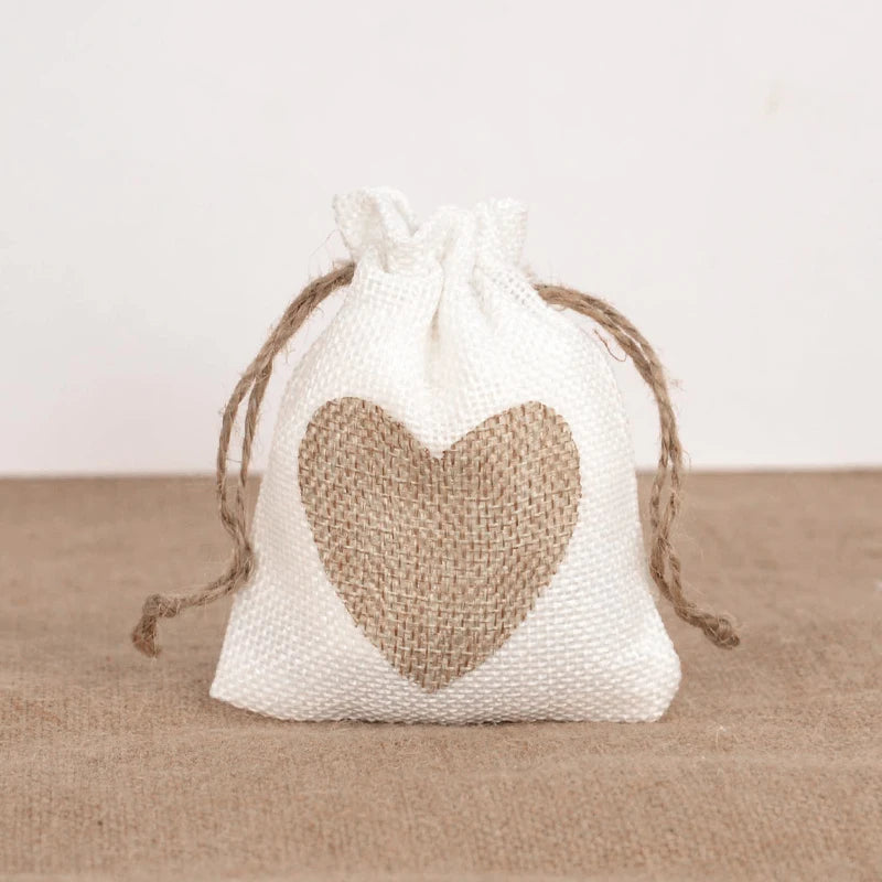 10Pcs Heart Burlap Jute Drawstring Bags – Rustic Gift Pouches Burlap Gift Bags Babs white 10x14cm