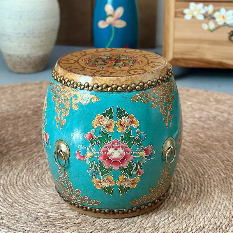Retro Wooden Drum Stool | Genuine Leather Round Ottoman Decorative Ottoman Stool Babs Blue Round Flower