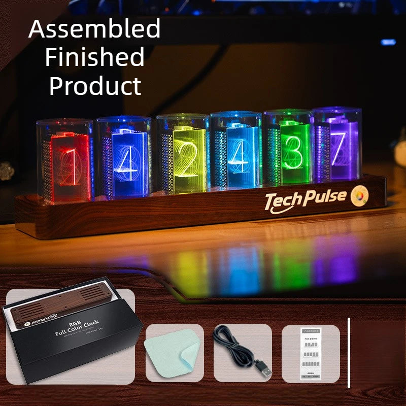 Nixie Tube LED Desk Clock – 16M Colors, Bluetooth, Silent LED Desk Clock Babs Dark Wood Grain
