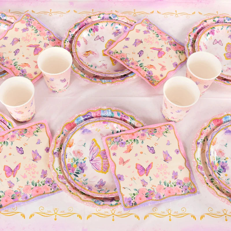 Pink Butterfly Party Tableware Set – Plates, Cups & Tablecloth Disposable Party Tableware Babs