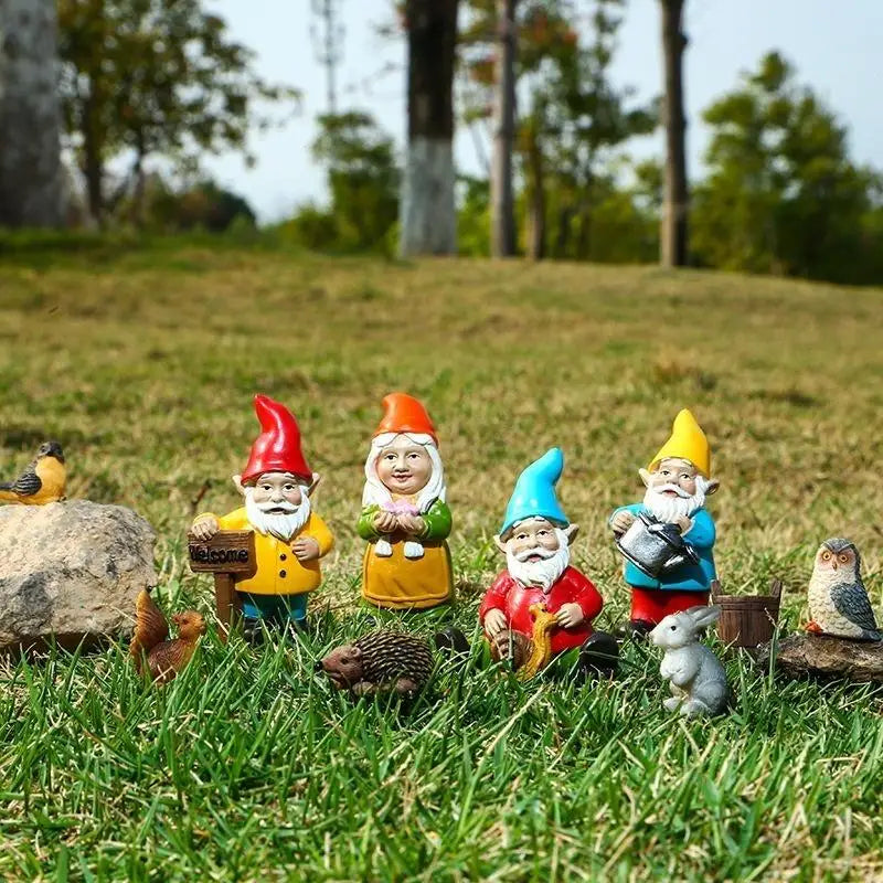 10pc Mini Resin Gnome & Dwarf Animal Garden Figurines Set Garden Figurine Set Babs 1set