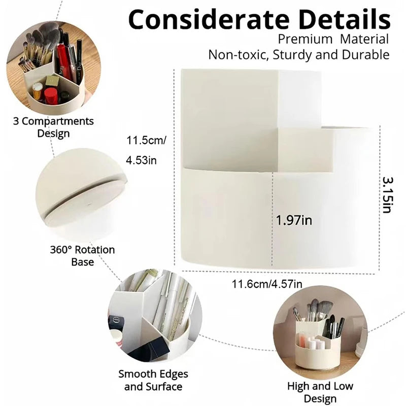 360° Rotating Pen & Makeup Brush Holder – 3-Slot Organizer Rotating Desk Organizer Babs 11.5X11.6CM