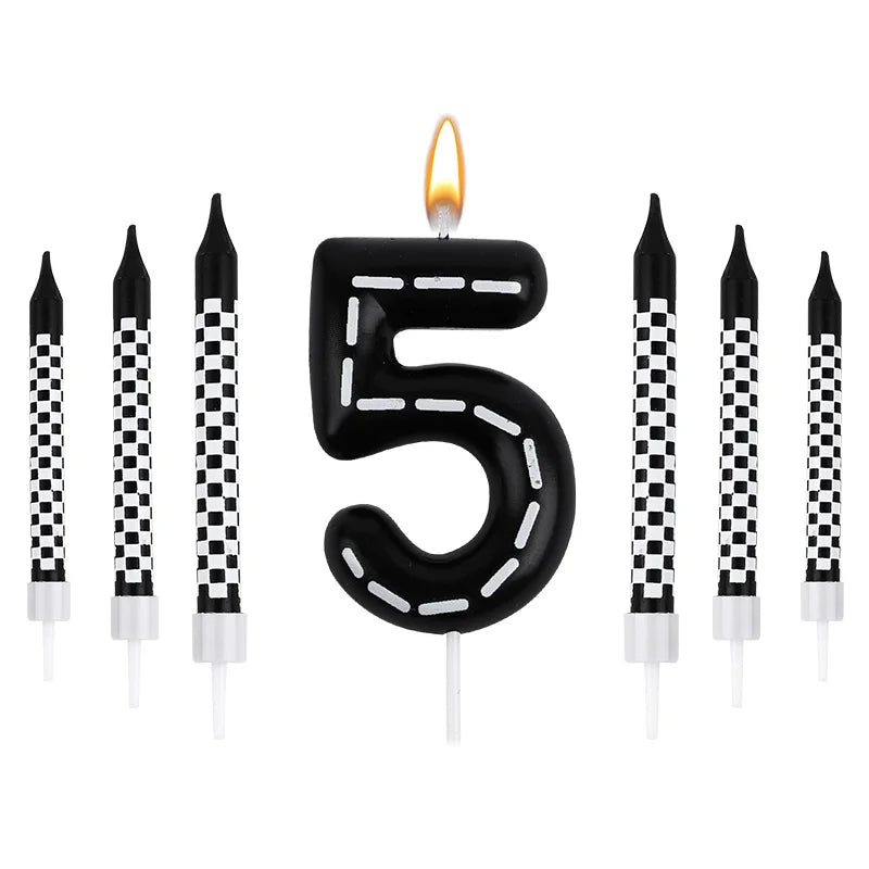 7-Pc Racing Car Birthday Candles & Checkered Cake Topper Set Birthday Cake Candles Babs Number5 Set