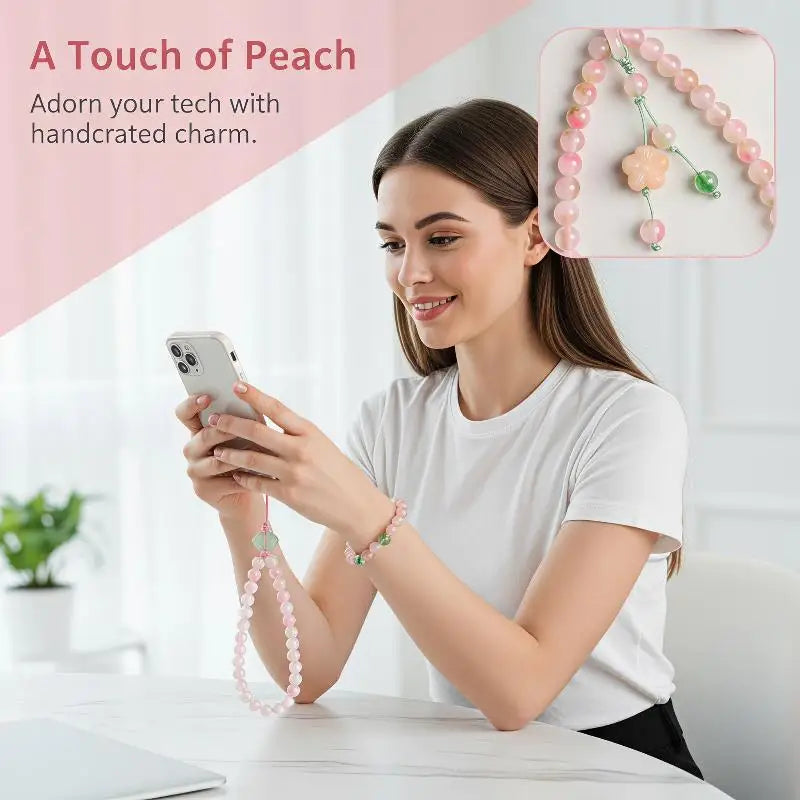 Pink Beaded Phone Wrist Strap – Flower Pendant | Anti-Drop Phone Wrist Strap Babs