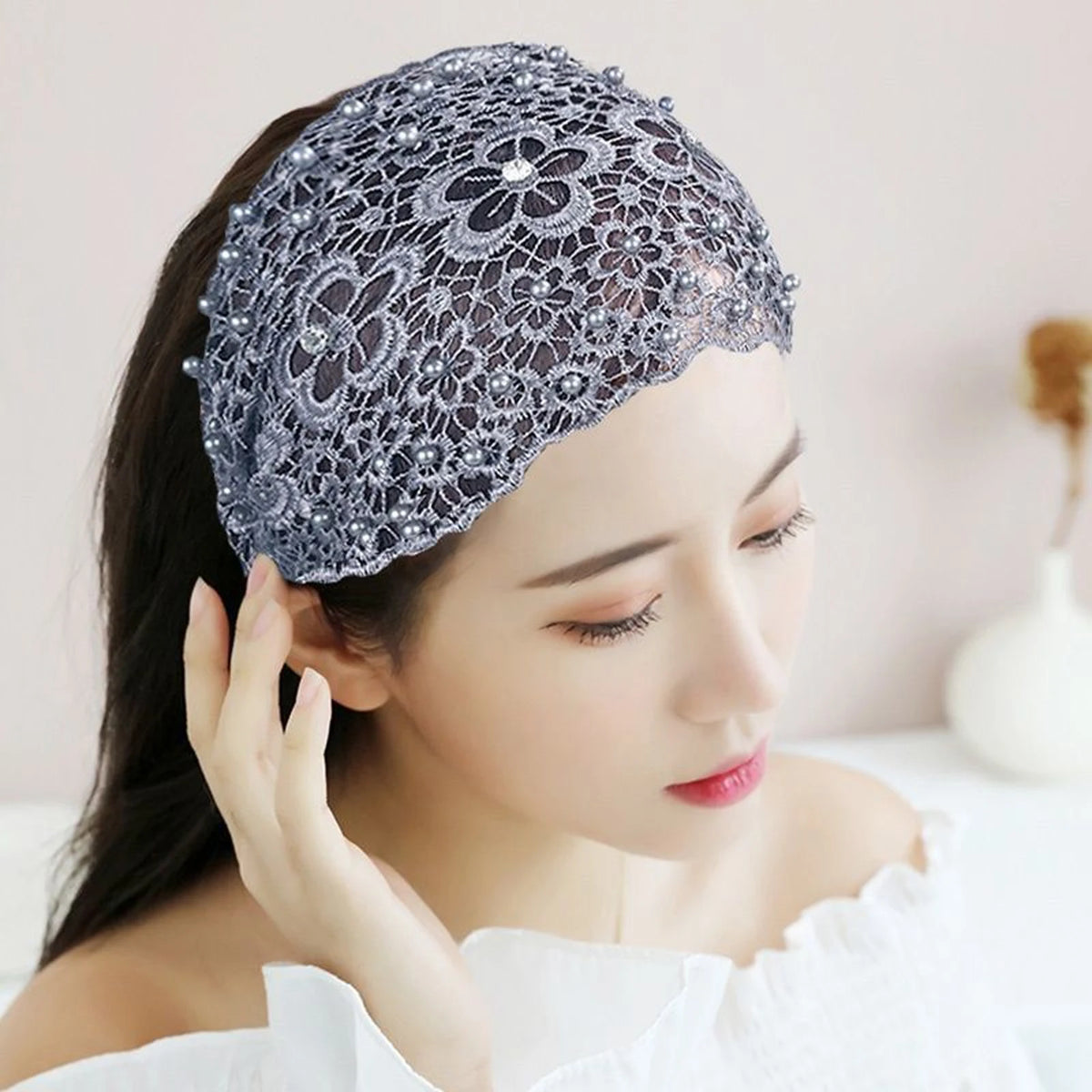 Women's Wide Hollow Headband – Rhinestone & Pearl Flower Women's Hair Headband Babs Gray One Size
