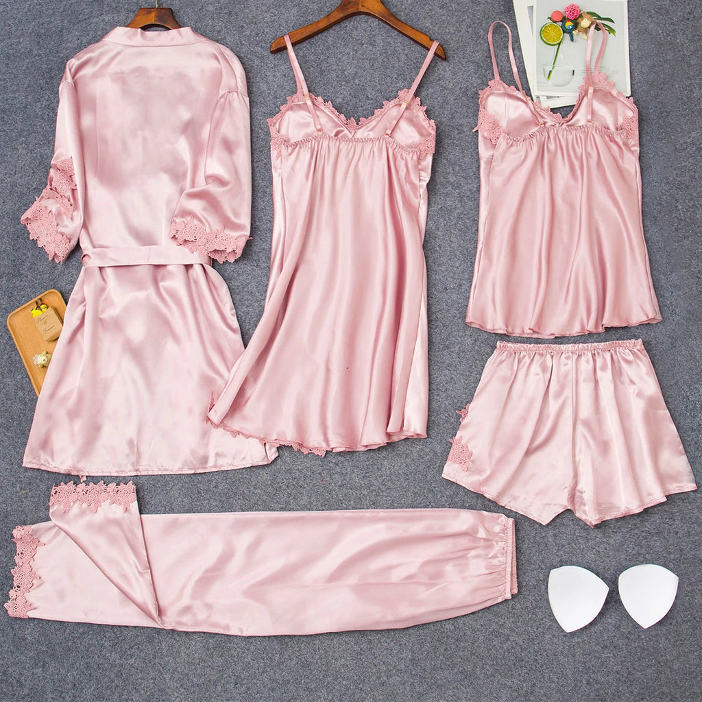 Ice Silk Women's 5-Piece Sleepwear Robe & Nightgown Set Sleepwear Robe Set Babs