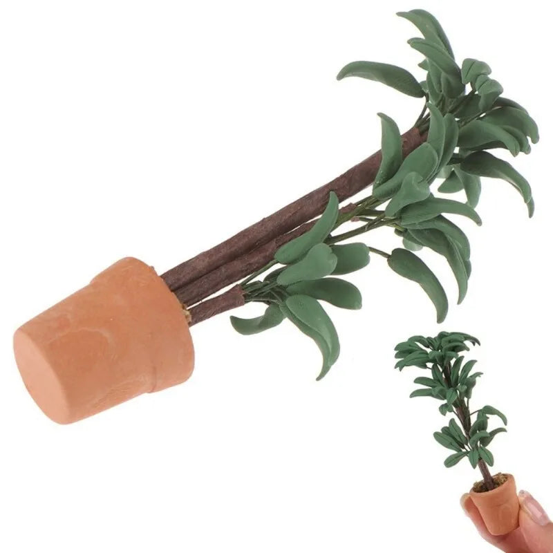 1:12 Dollhouse Miniature Potted Plant – Green Leaf Garden Decor Dollhouse Miniature Babs