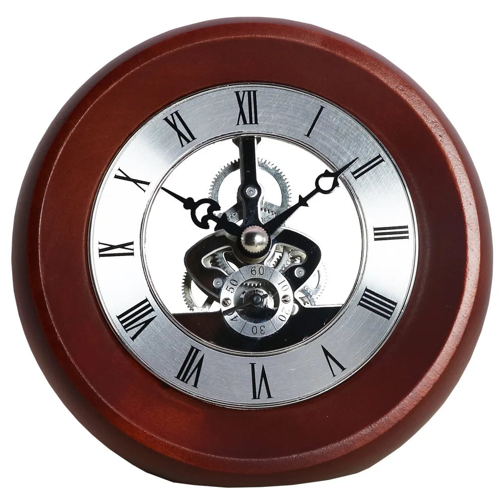 Retro Solid Wood Gear Desk Clock – Transparent Rotating Quartz Decorative Desk Clock Babs Wine red silver