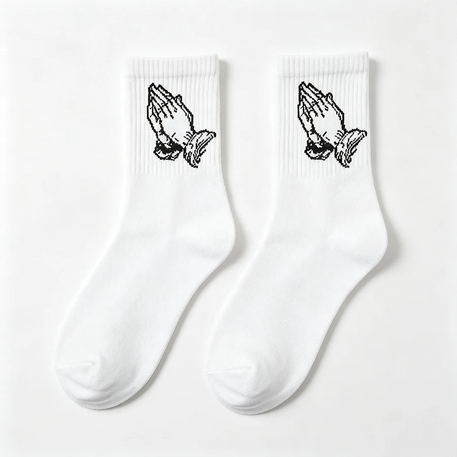 Hip Hop Praying Hands Crew Socks – Unisex Cotton Novelty Novelty Crew Socks Babs White One Size