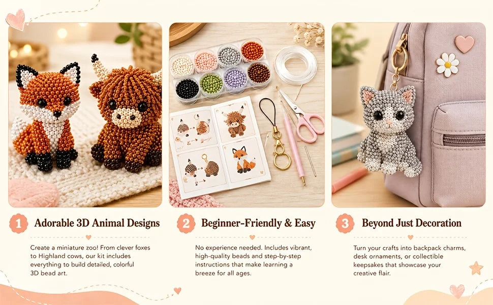 4-in-1 3D Beaded Animal Craft Kit – DIY Pet & Insect Ornaments Beading Craft Kit Babs