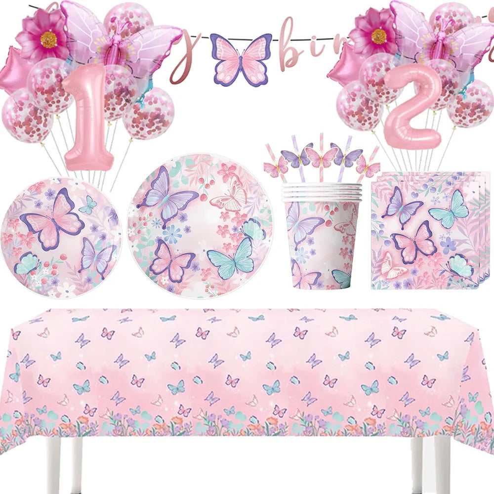 Butterfly Party Supplies Set – Plates, Cups & Foil Balloons Party Tableware Set Babs