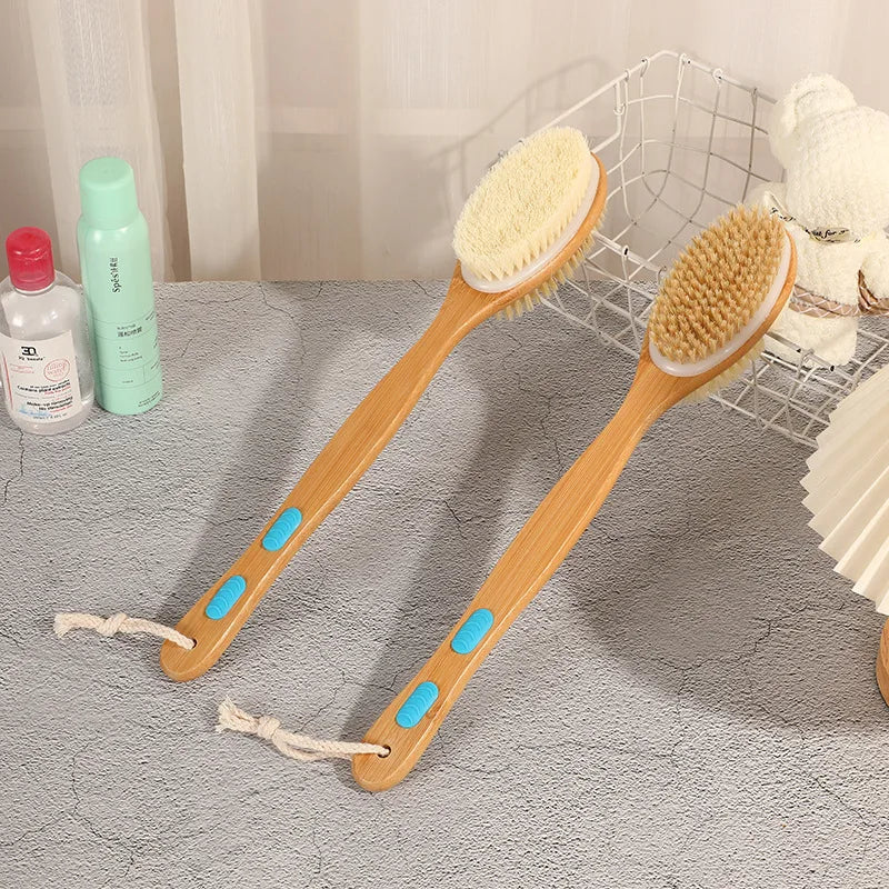 Natural Bristle Long Handle Body Brush – Exfoliating Bath Scrub Body Bath Brush Babs