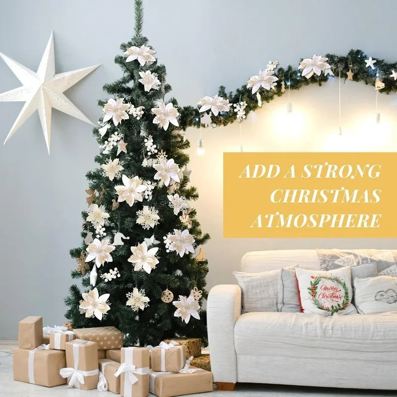 3Pcs White Glitter Artificial Flower Stems Christmas Tree Decor Christmas Tree Picks Babs