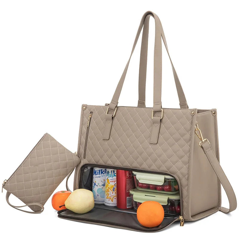 Women's Quilted Work Tote Bag with Lunch & Laptop Compartment Women's Work Tote Bag Babs khaki