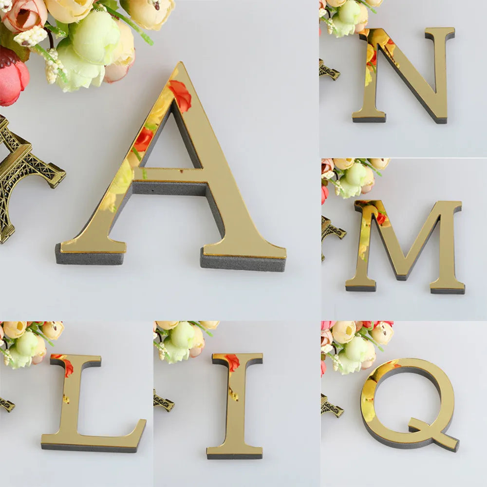 3D Gold Mirror Acrylic Letter Wall Stickers 10cm A–Z DIY Decals Mirror Letter Sticker Babs