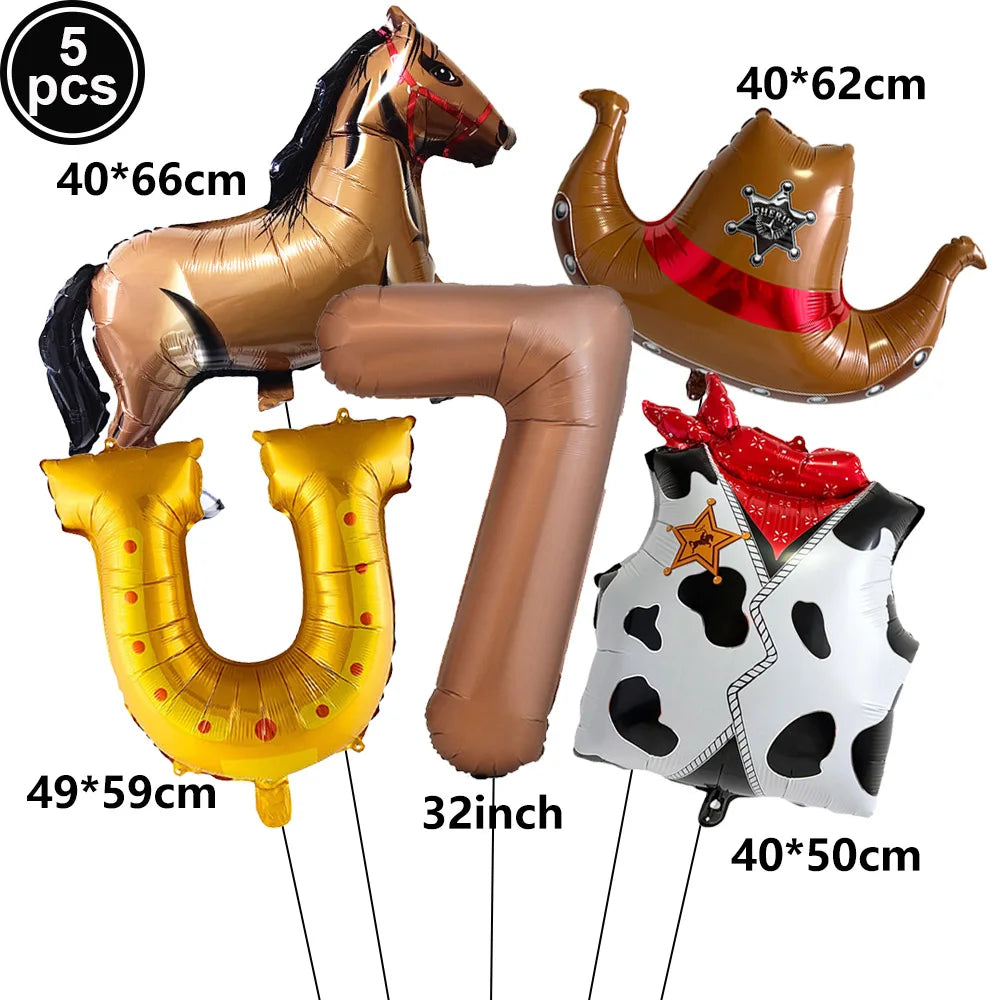 5-Pc Western Cowboy Foil Balloon Set | Rodeo Birthday Party Decor Party Foil Balloons Babs ROSE RED As pictures show