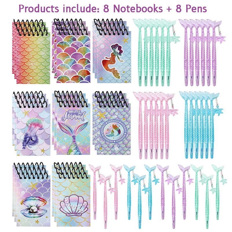 Mermaid Theme Notebooks & Pens – Kids Ocean Party Favors 8/12 Sets Party Favor Set Babs 8Notebook 8Pen