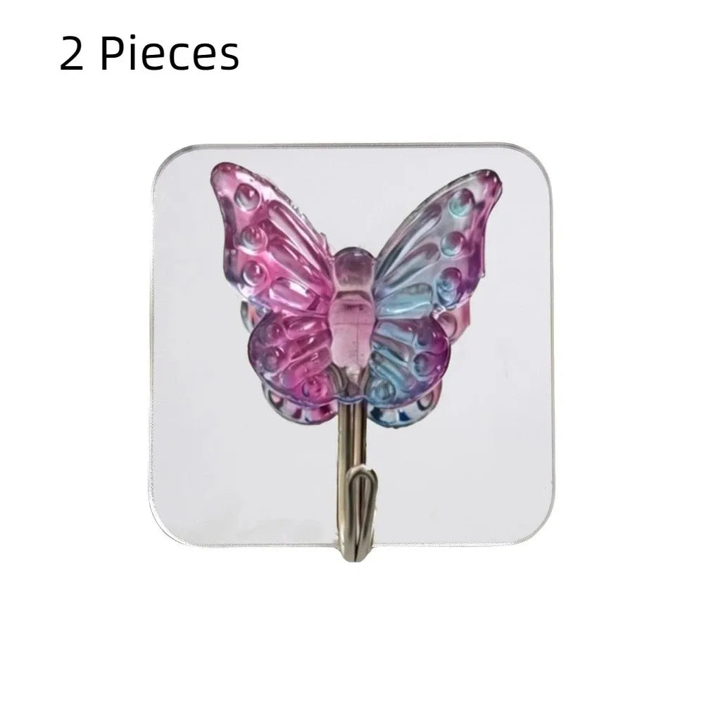2PCS Crystal Butterfly Self-Adhesive Wall Hooks – Bathroom & Kitchen Decorative Wall Hooks Babs Pink
