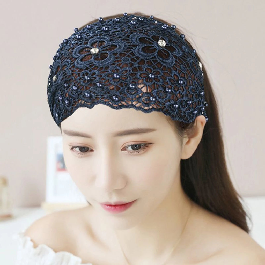 Women's Wide Hollow Headband – Rhinestone & Pearl Flower Women's Hair Headband Babs Navy One Size