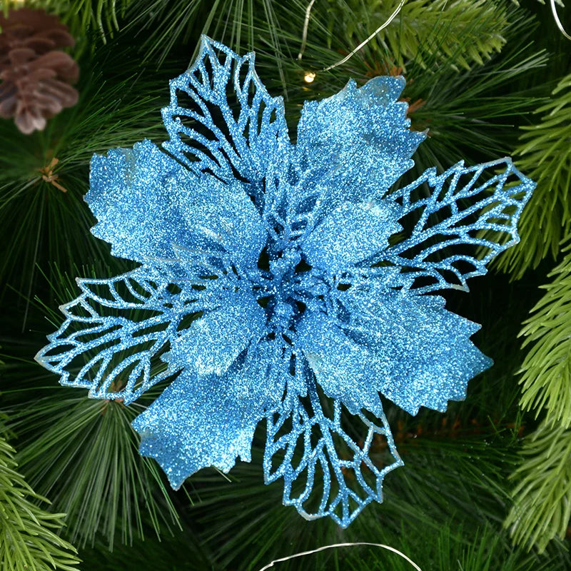 5pcs Glitter Artificial Christmas Flowers – Tree & Home Decor Christmas Floral Picks Babs blue 11cm