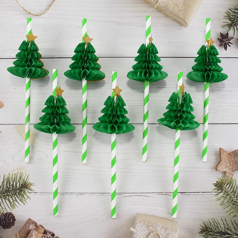 10Pcs 3D Christmas Tree Paper Straws – Holiday Party Décor Holiday Party Straws Babs