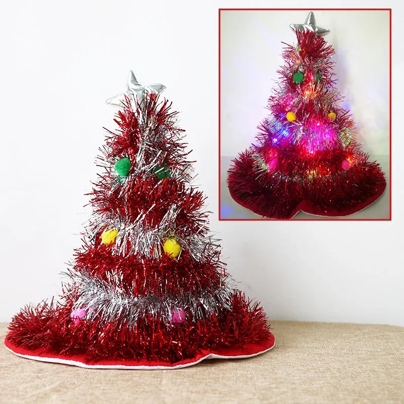 Christmas Tree Hat with LED Lights & Tinsel – Kids & Adults Christmas Costume Hat Babs red with lights