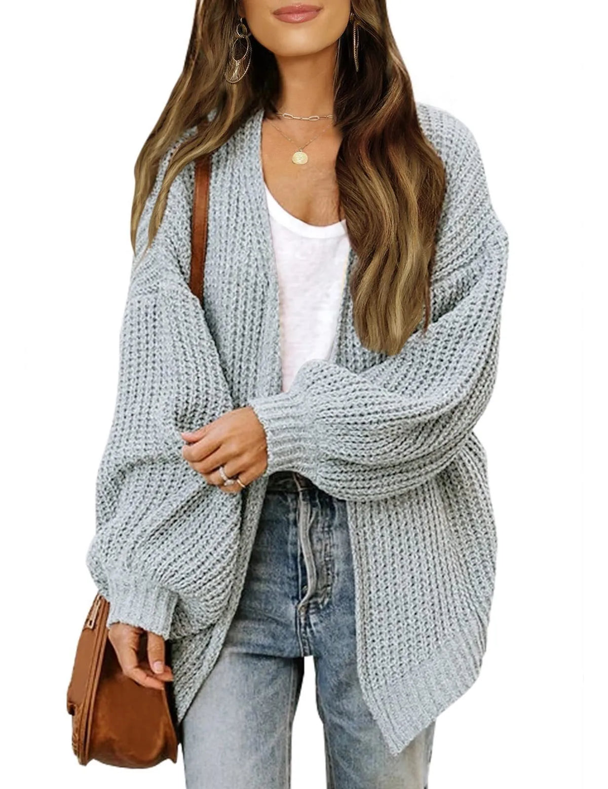 Women's Lantern Sleeve Thick-Knit Cardigan – Loose V-Neck Coat Knit Cardigan Sweater Babs XXL Light Grey