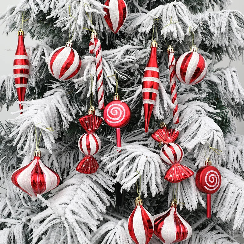 14-Piece Christmas Ball Ornaments Set – Red & Candy Cane Christmas Tree Ornaments Babs