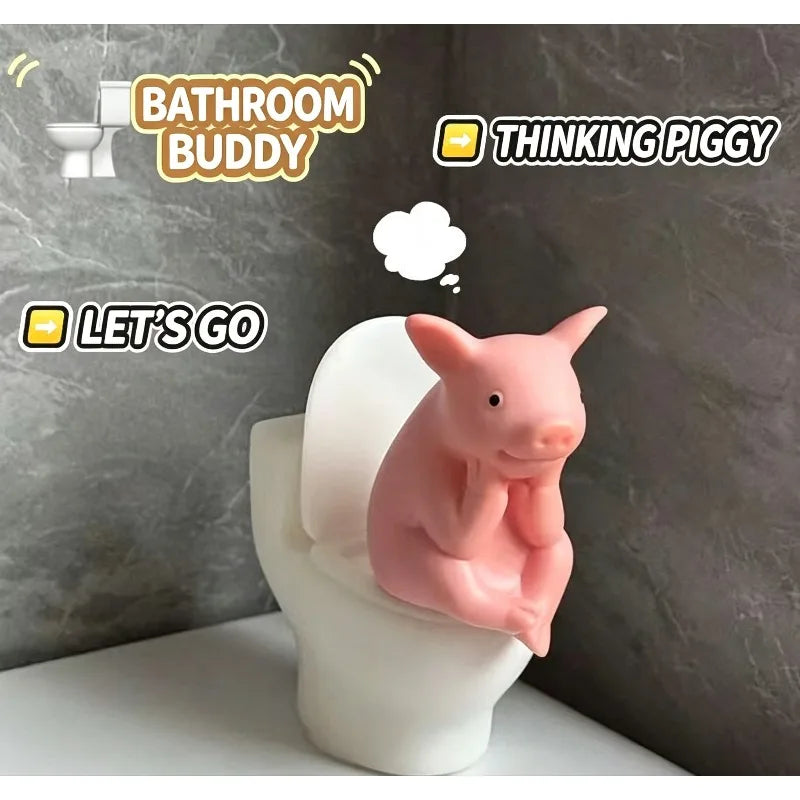 Cute Pig on Toilet Figurine – Funny Bathroom Desktop Decor Novelty Figurine Babs