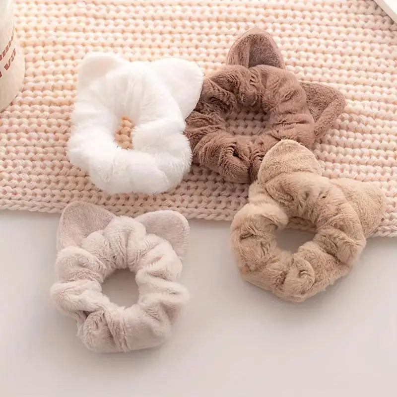 4-Pack Plush Cat Ear Scrunchies – Fluffy Spiral Hair Ties Hair Scrunchie Set Babs