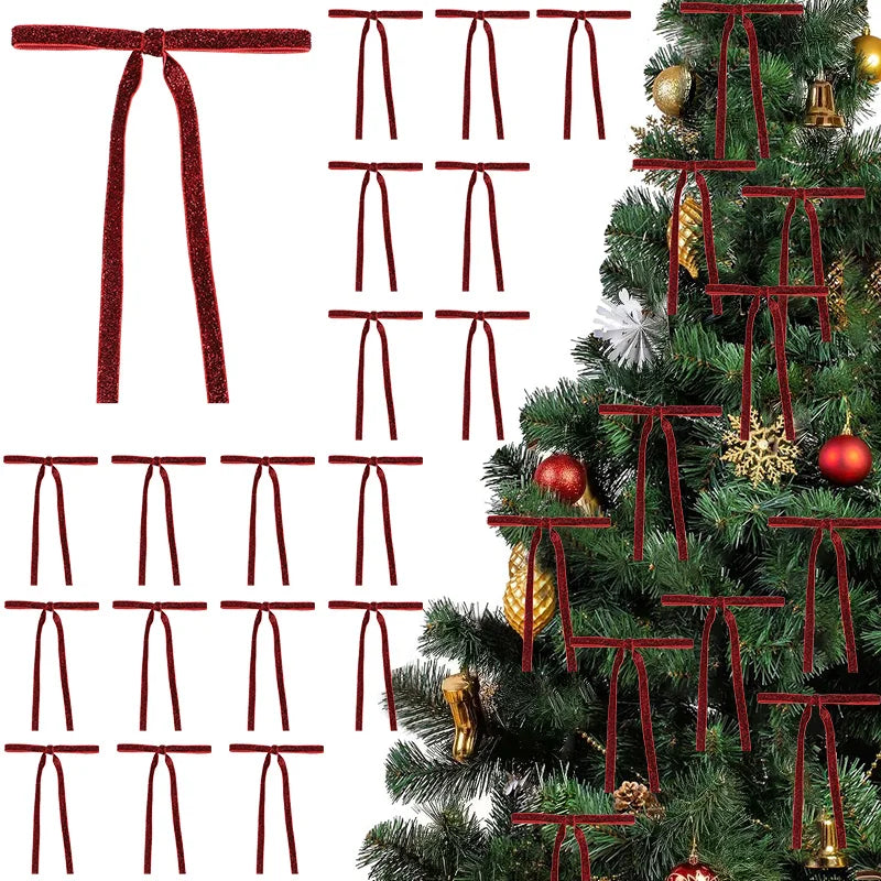 12pcs Red Gold Velvet Bow Christmas Tree Glitter Ornaments Christmas Bow Ornaments Babs