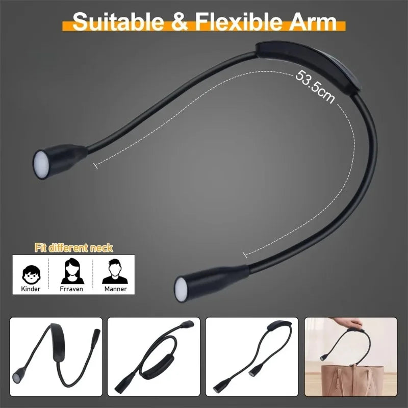 LED Neck Reading Light – 360° Flexible Arms, Battery Powered Neck Book Light Babs
