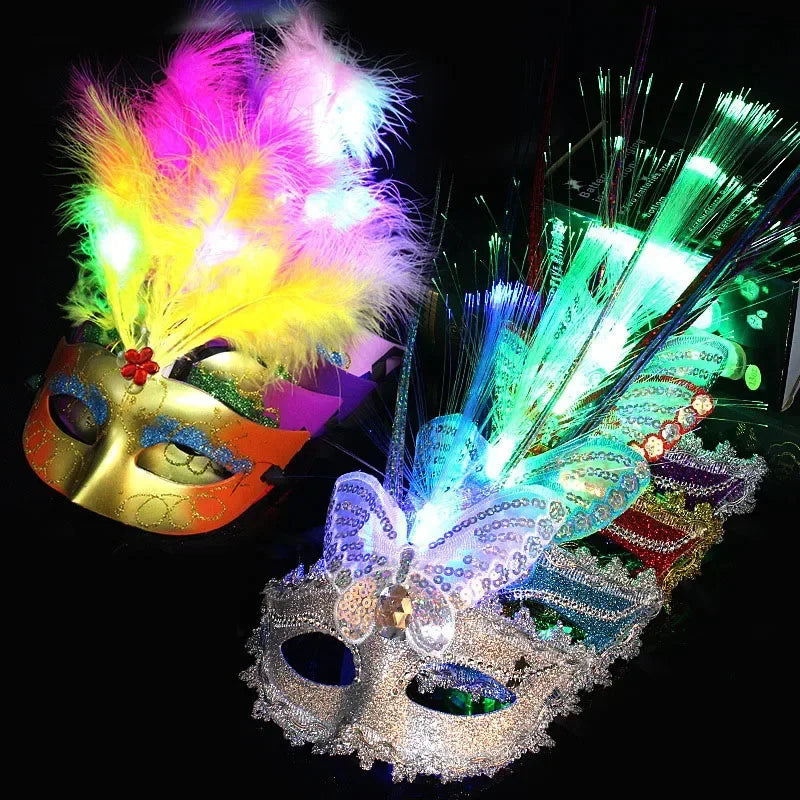 20pcs LED Feather Masquerade Masks – Venetian Party Costume LED Masquerade Masks Babs